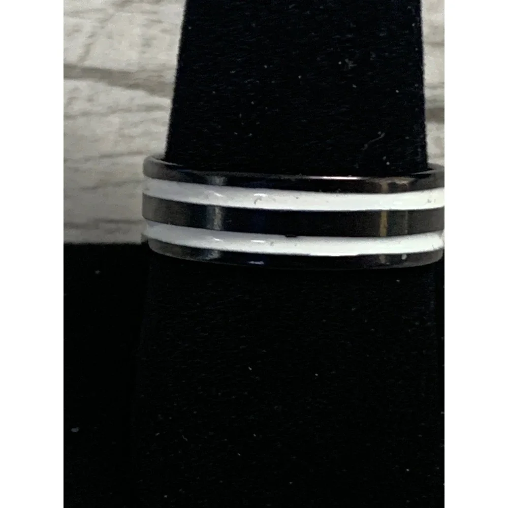 Black Band Ring with Double White Enamel Stripes Size 10.25 Modern Minimalist
